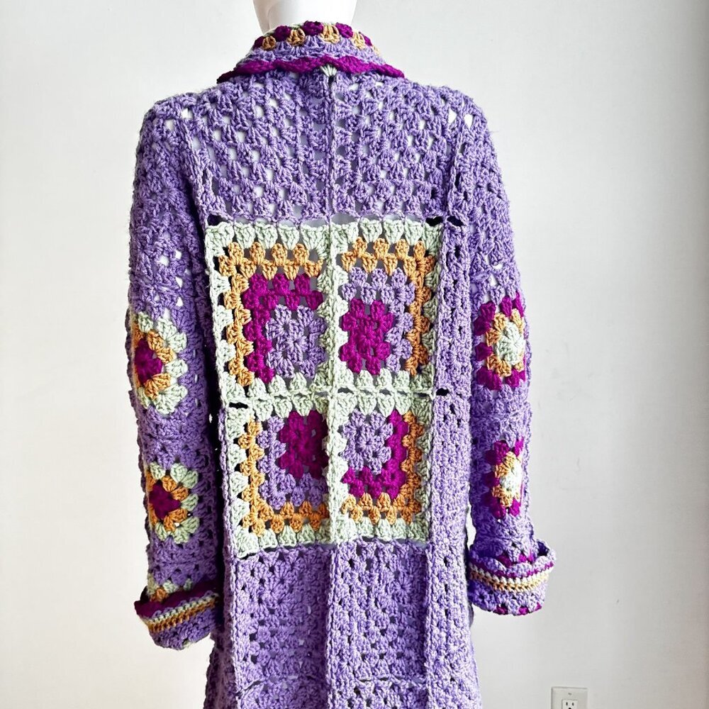 Handmade Lilac Colourful Granny Squares Crochet Long Cardigan L - Picture 6 of 7